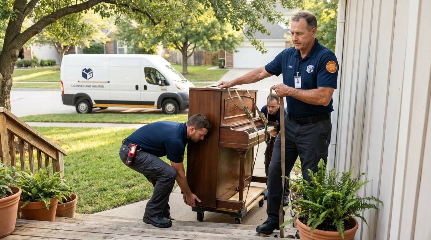 Licensed piano movers securing grand piano in McCloud, CA