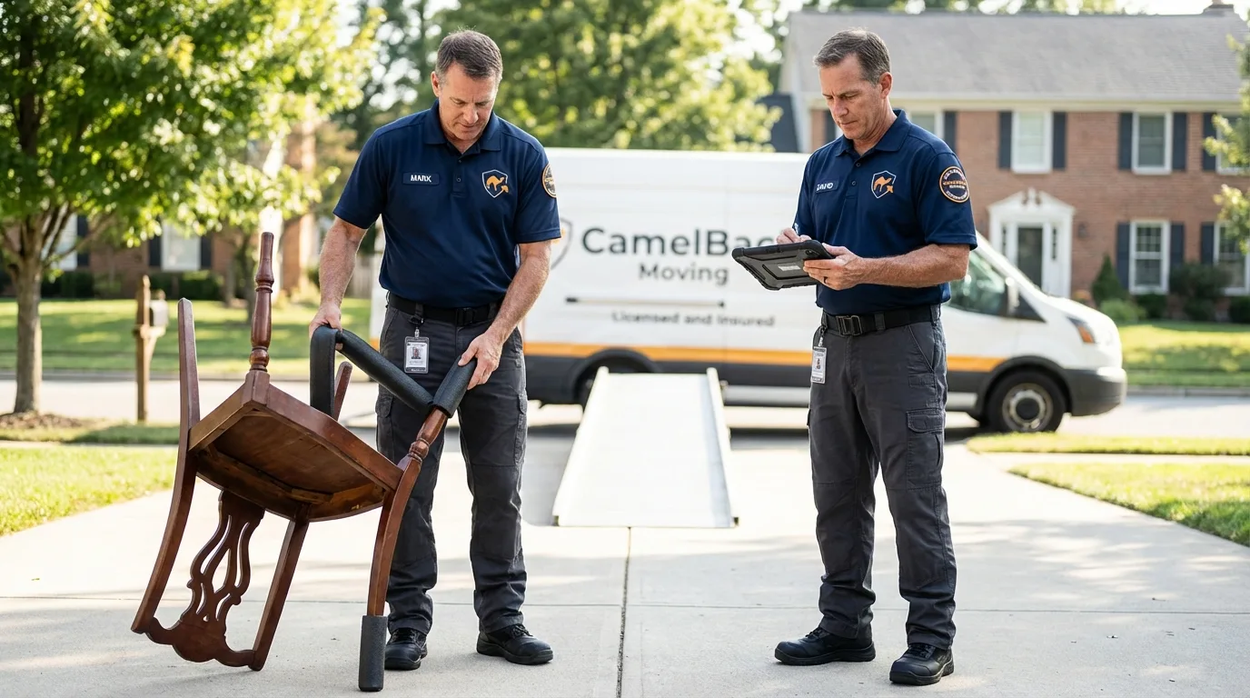Movers inspecting furniture for damage prevention before loading in McCloud, CA